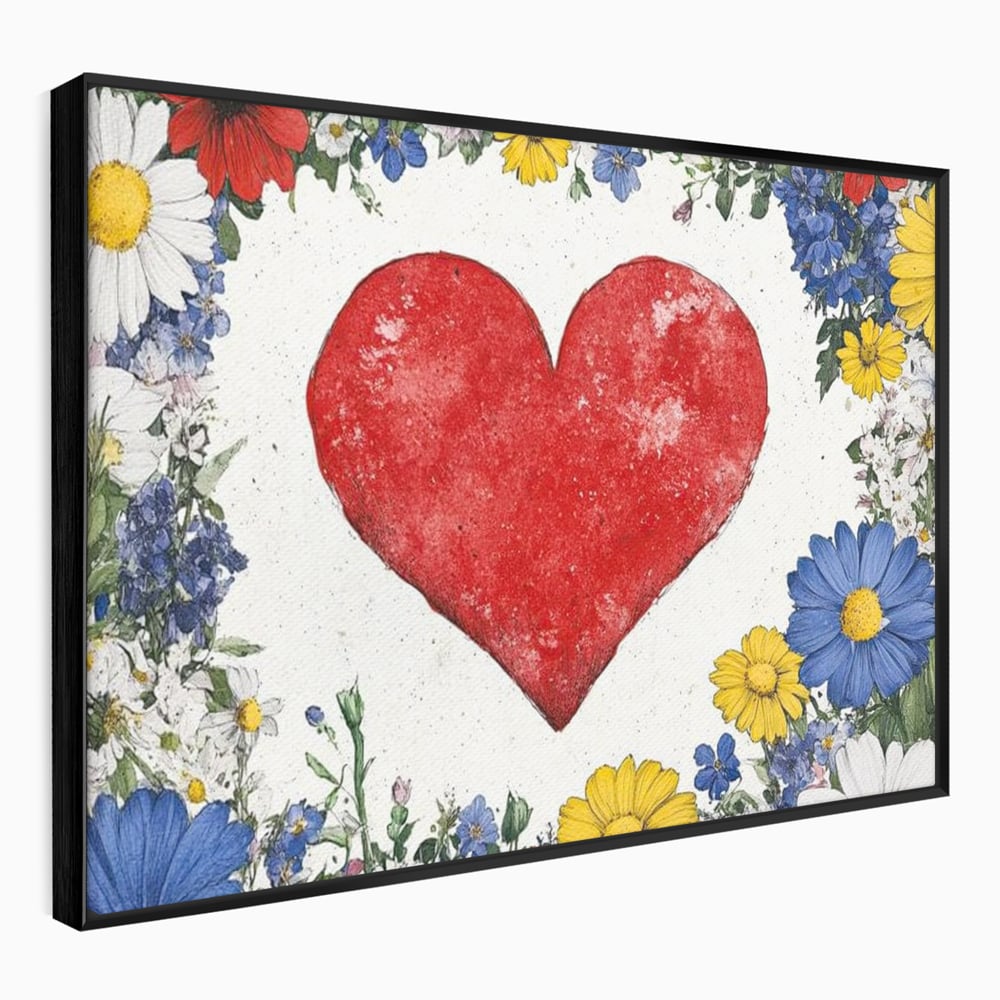 Tablou canvas cu tablou canvas cu inima rosie si flori, in rama de aluminiu negru